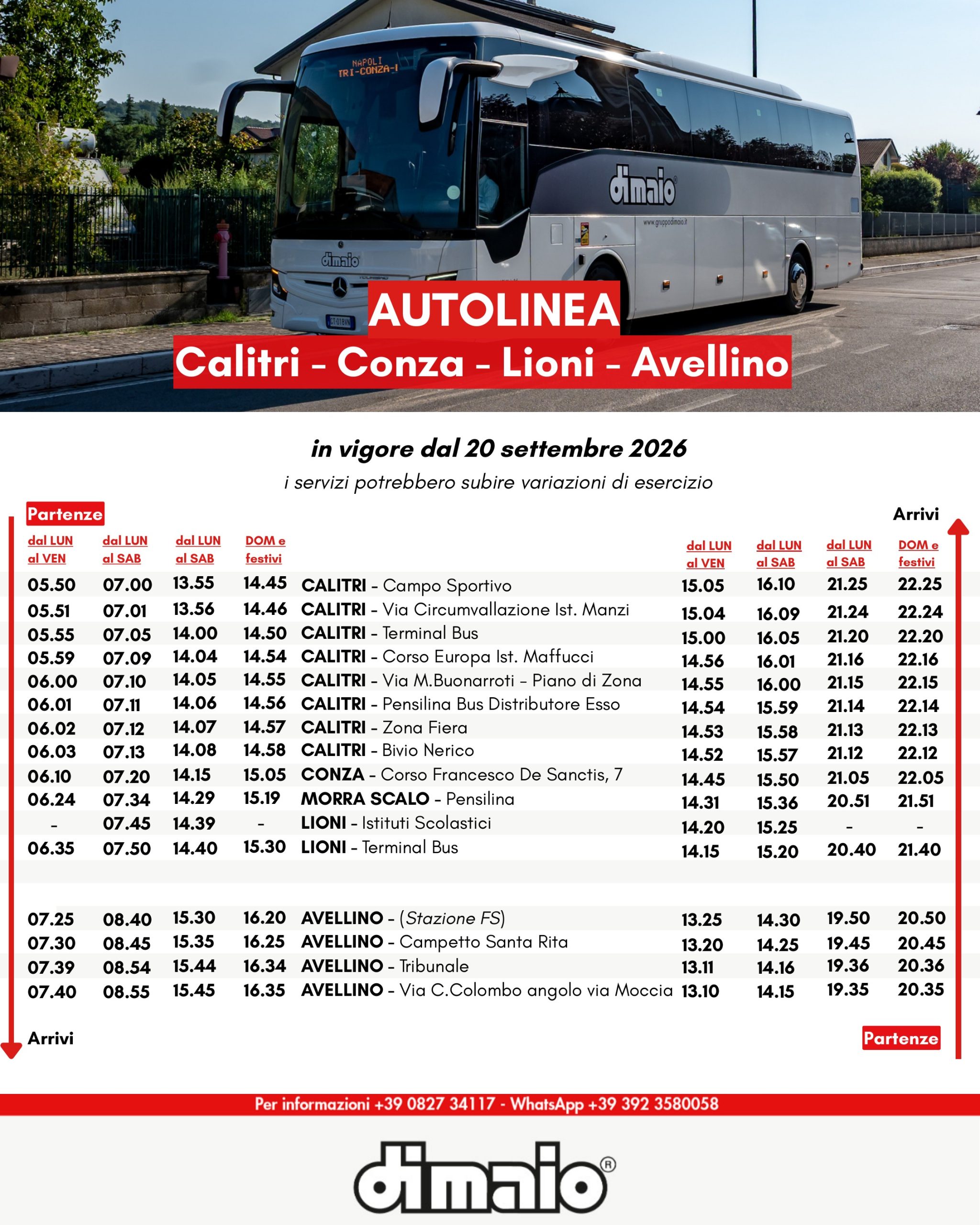 Nuovi orari e fermate autolinea Calitri - Conza - Lioni - Avellino, in vigore dal 20 settembre 2026.