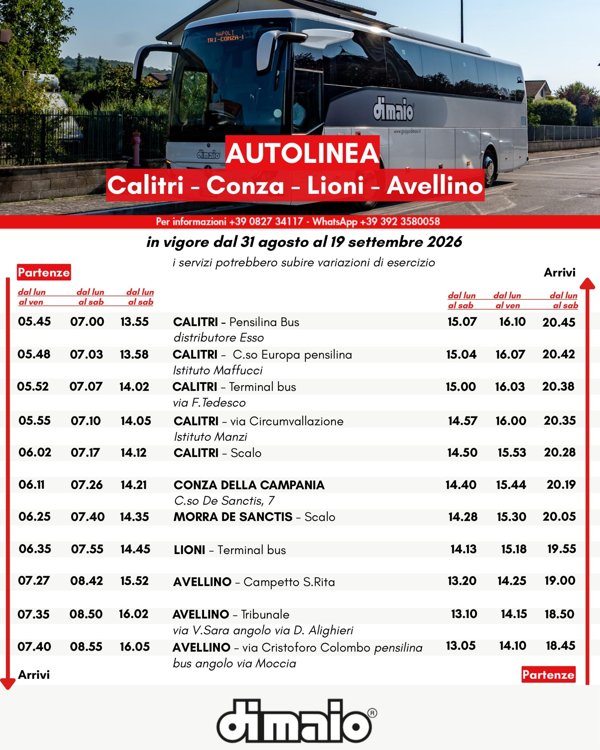 Orari e fermate autolinea provinciale Calitri - Conza - Lioni - Avellino. In vigore dal 31 agosto al 19 settembre 2026.