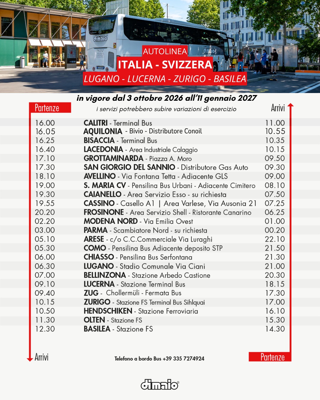 Orari e fermate autolinea Italia-Svizzera: Lugano, Lucerna, Zurigo, Basilea. In vigore dal 3 ottobre 2026 all'11 gennaio 2027.