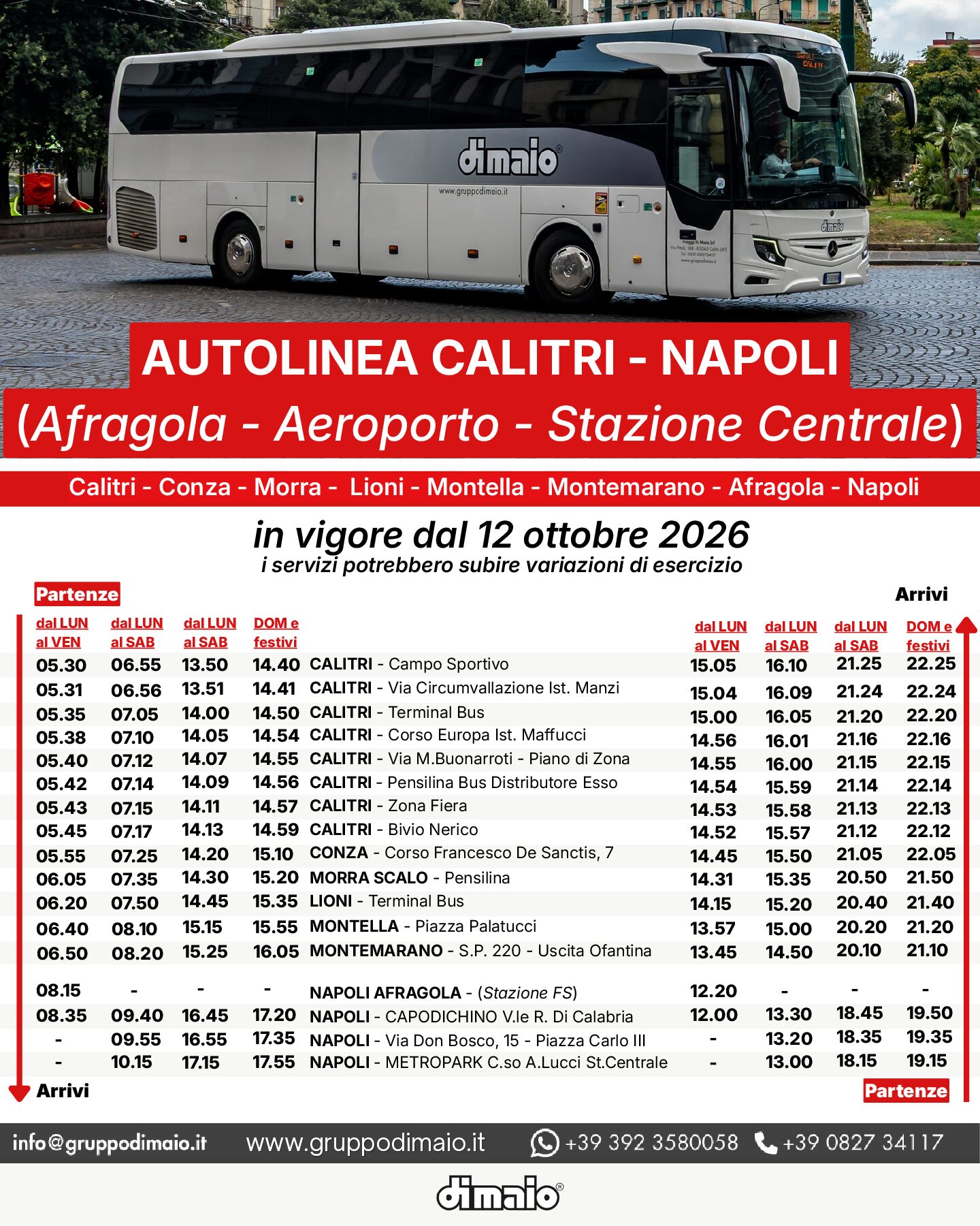 Orari autolinea Calitri - Napoli, in vigore dal 12 ottobre 2026